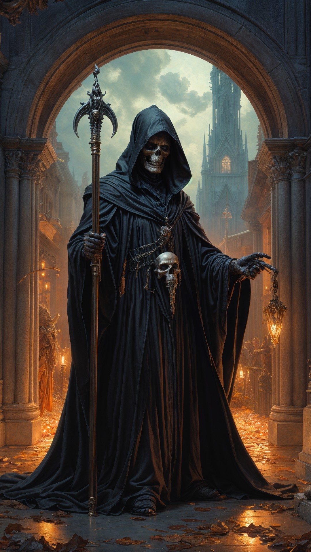 Cloaked Skeletal Figure Under Ornate Archway in Mist