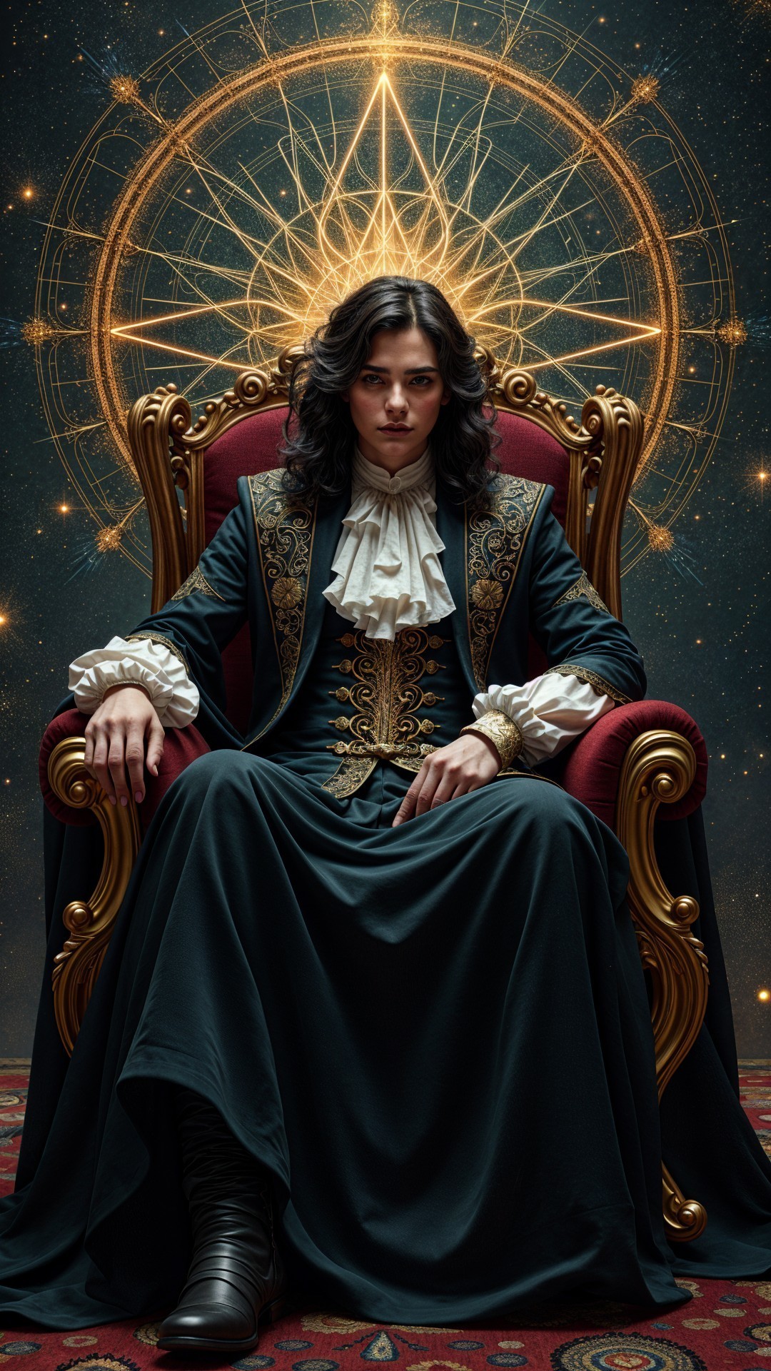 Regal figure on ornate red throne with celestial backdrop