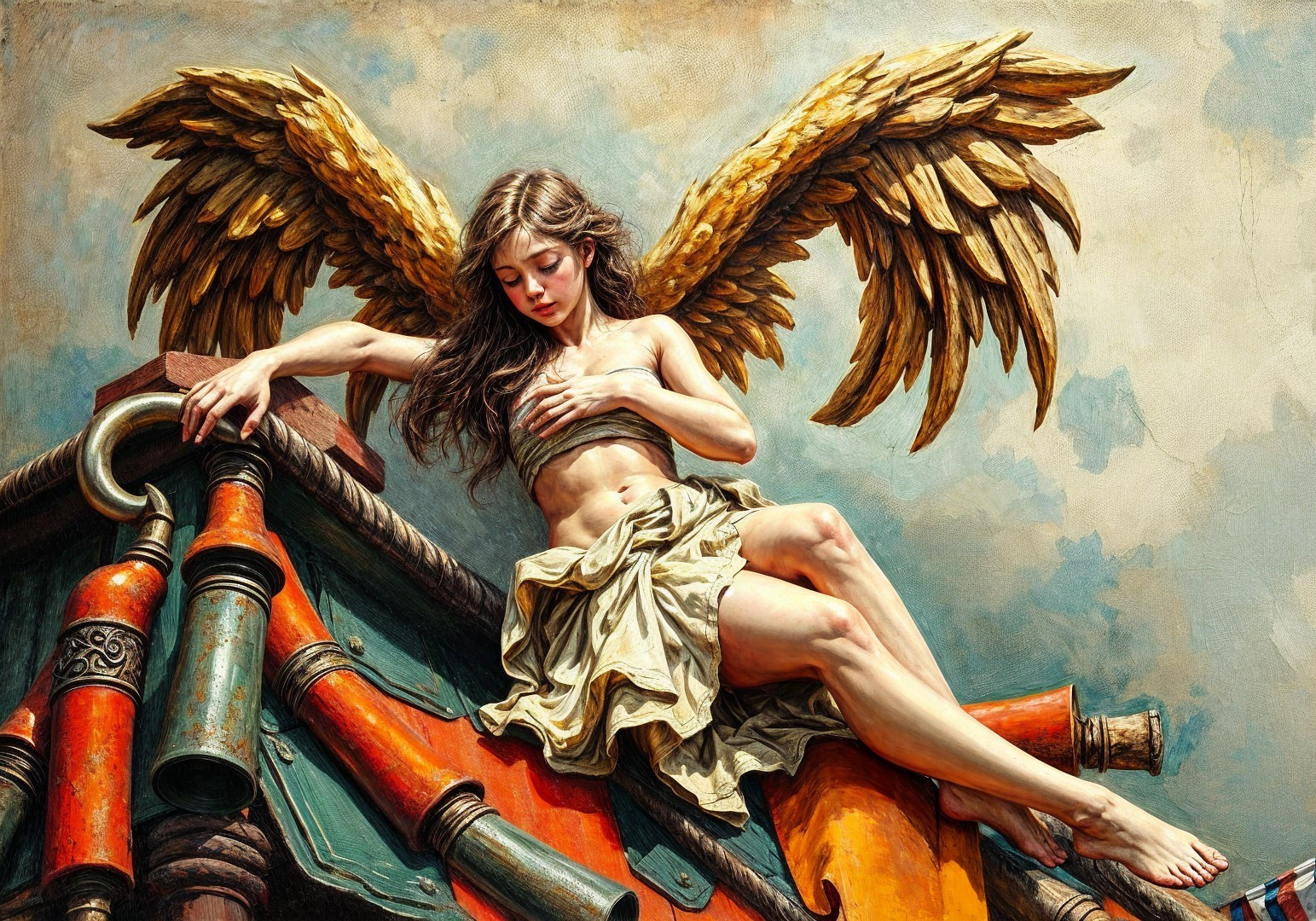 Young Woman with Angelic Wings on Rooftop Scene