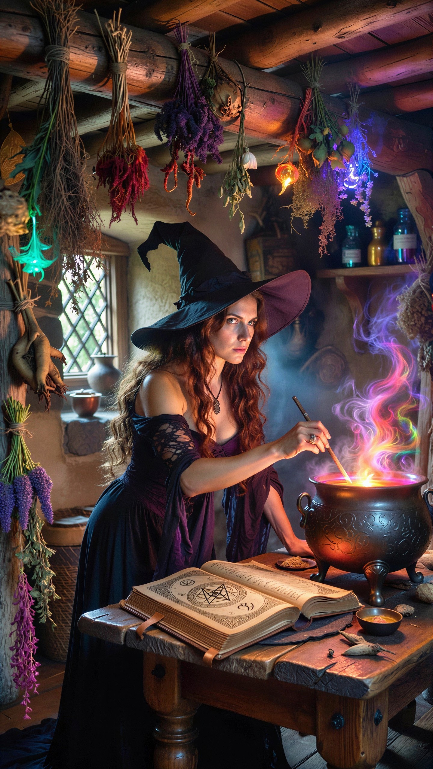 Witch in Purple Dress Stirring Cauldron in Cottage