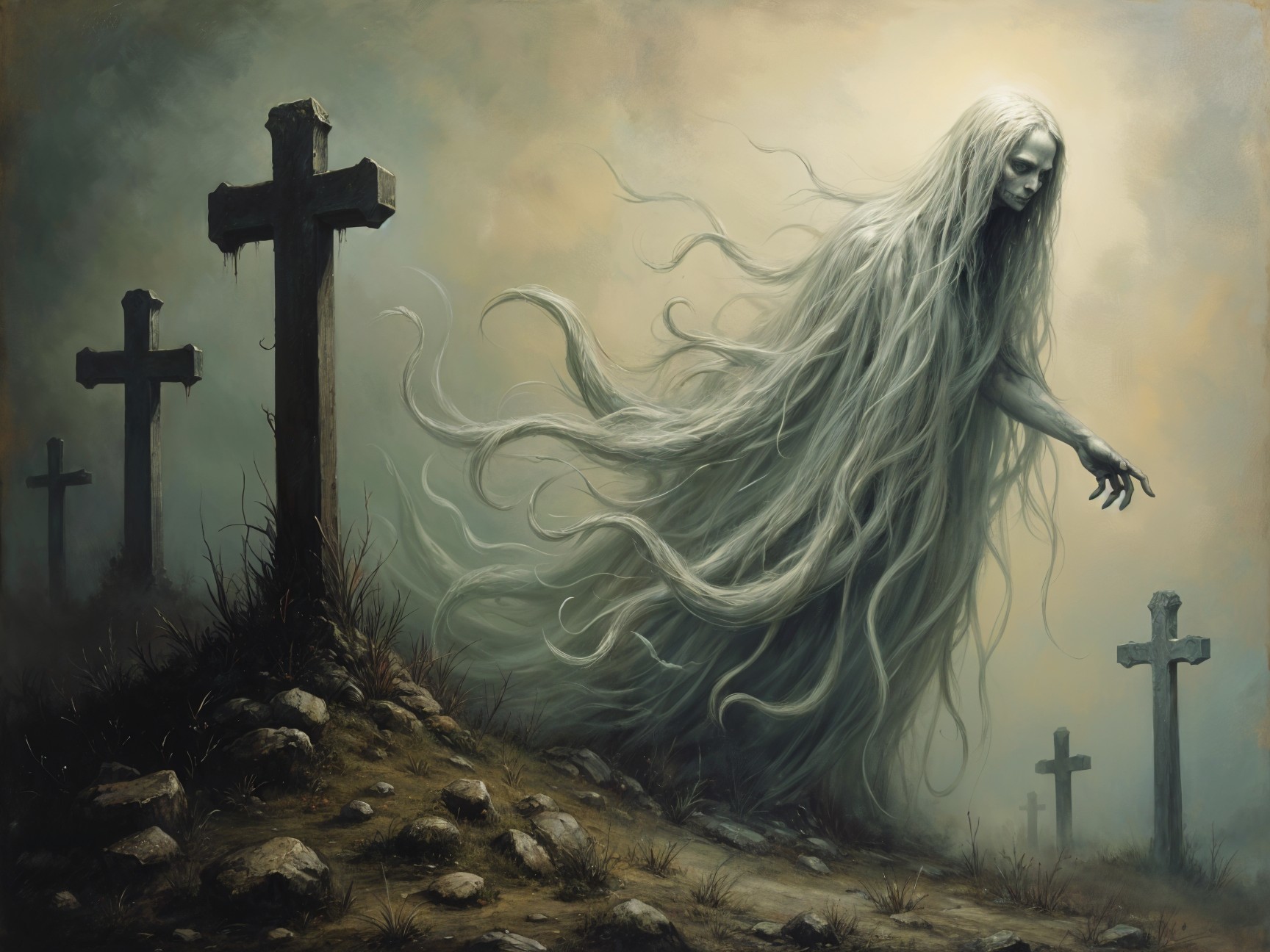 Ethereal Figure in a Misty Graveyard Scene