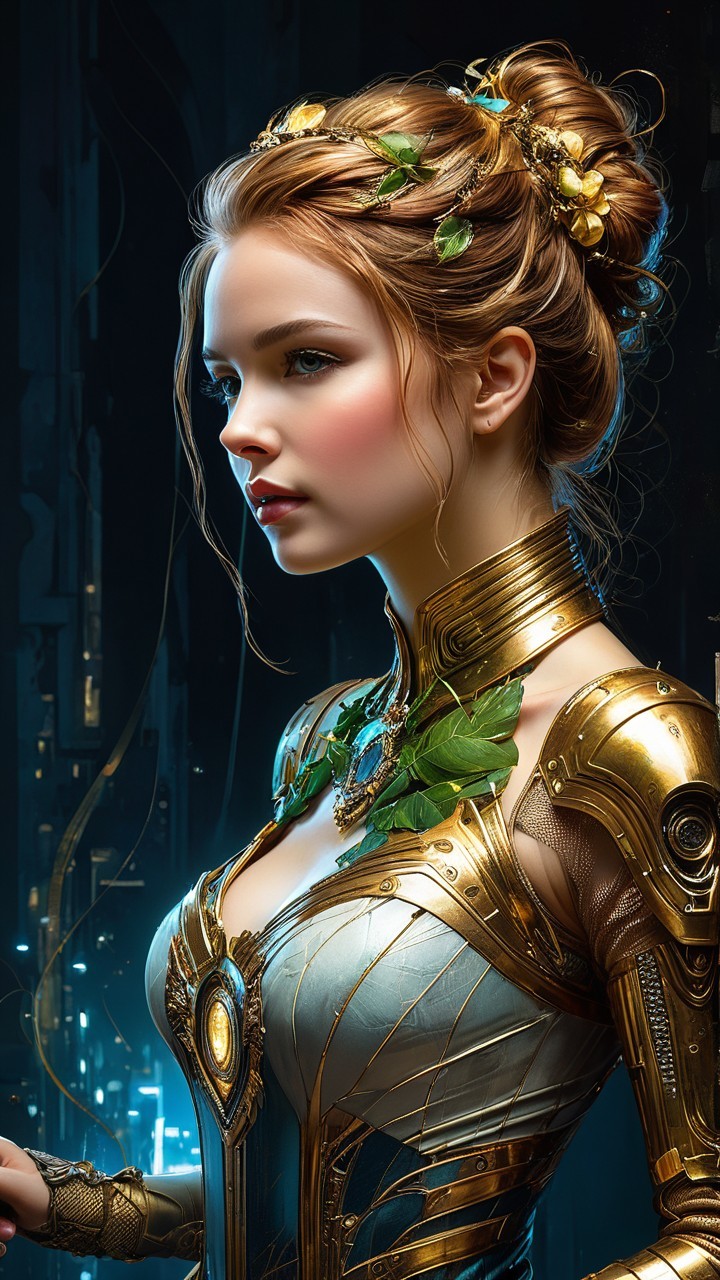 Futuristic portrait of a woman in golden armor