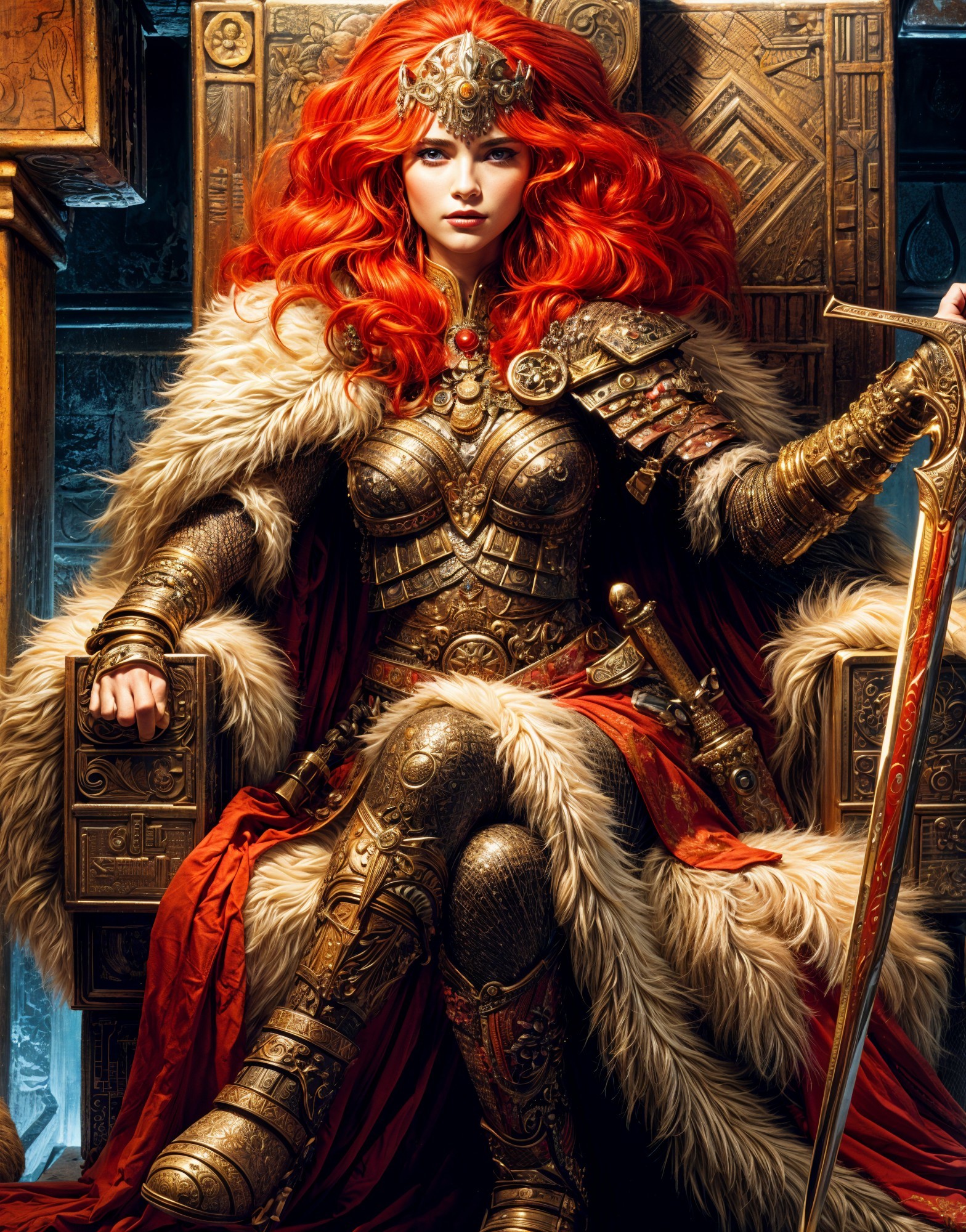 Warrior Queen on Throne with Golden Armor and Sword