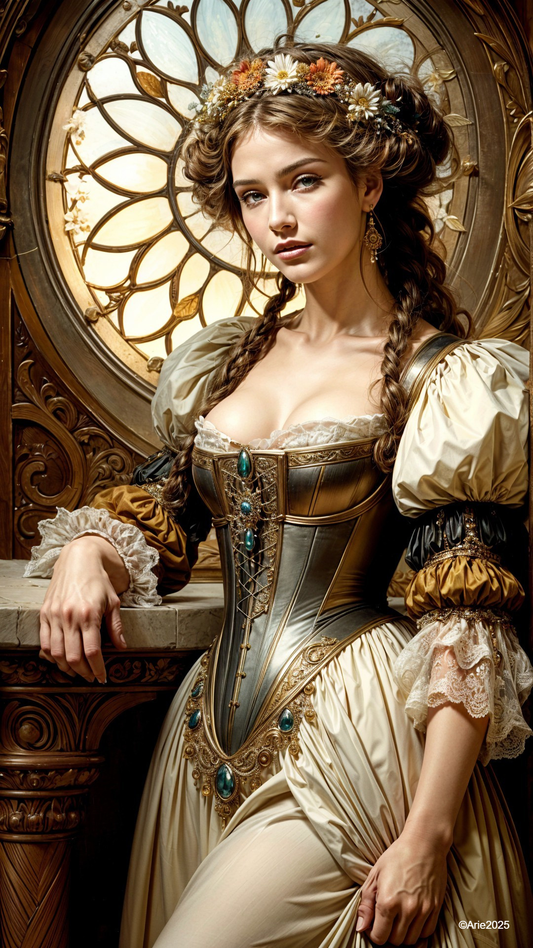 Young woman in ornate gown by stained glass window