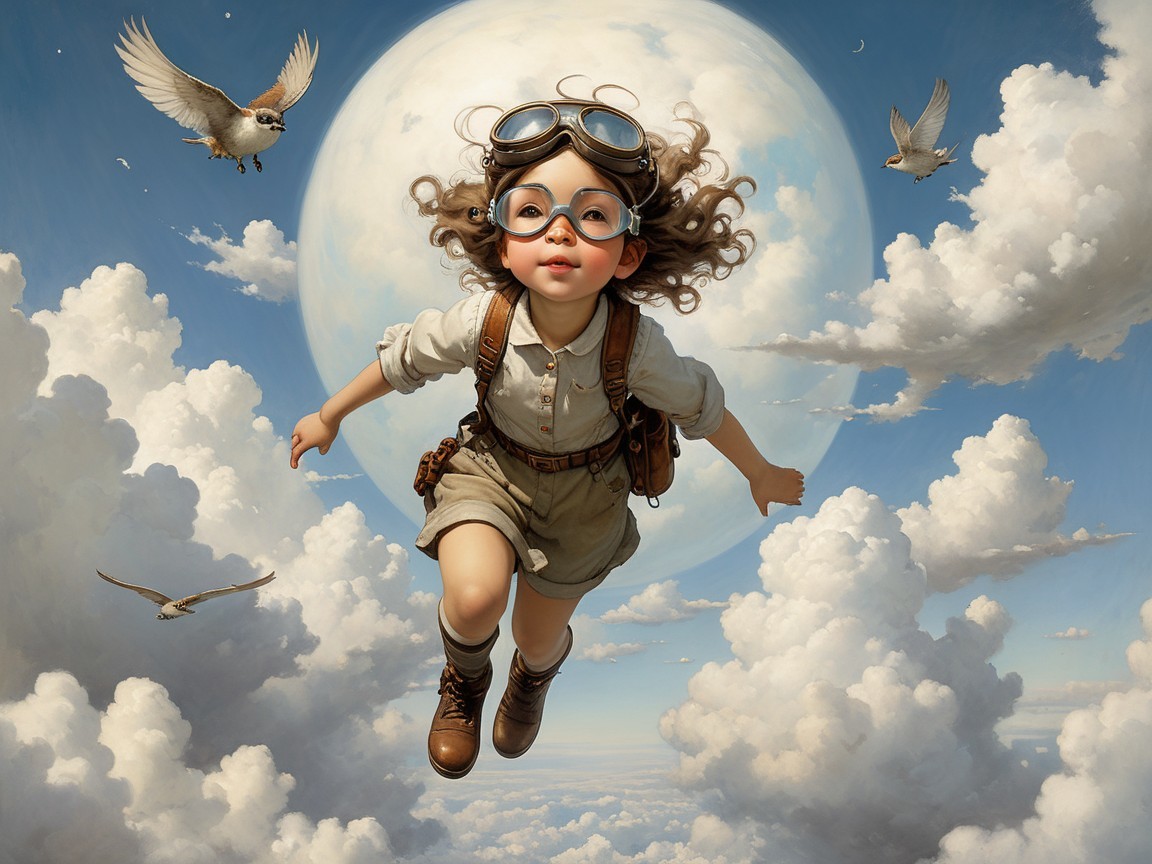 Young girl in vintage outfit flying among clouds
