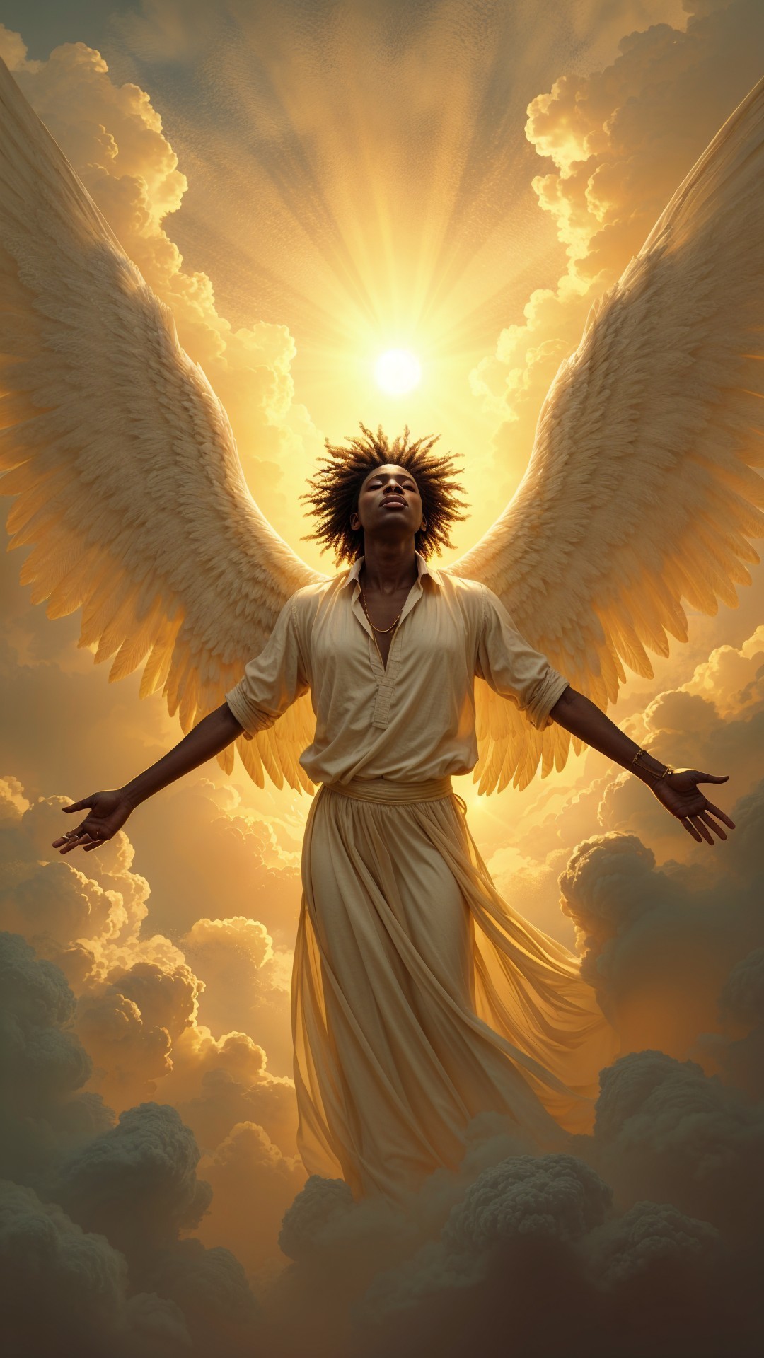 Majestic figure with wings in a heavenly scene