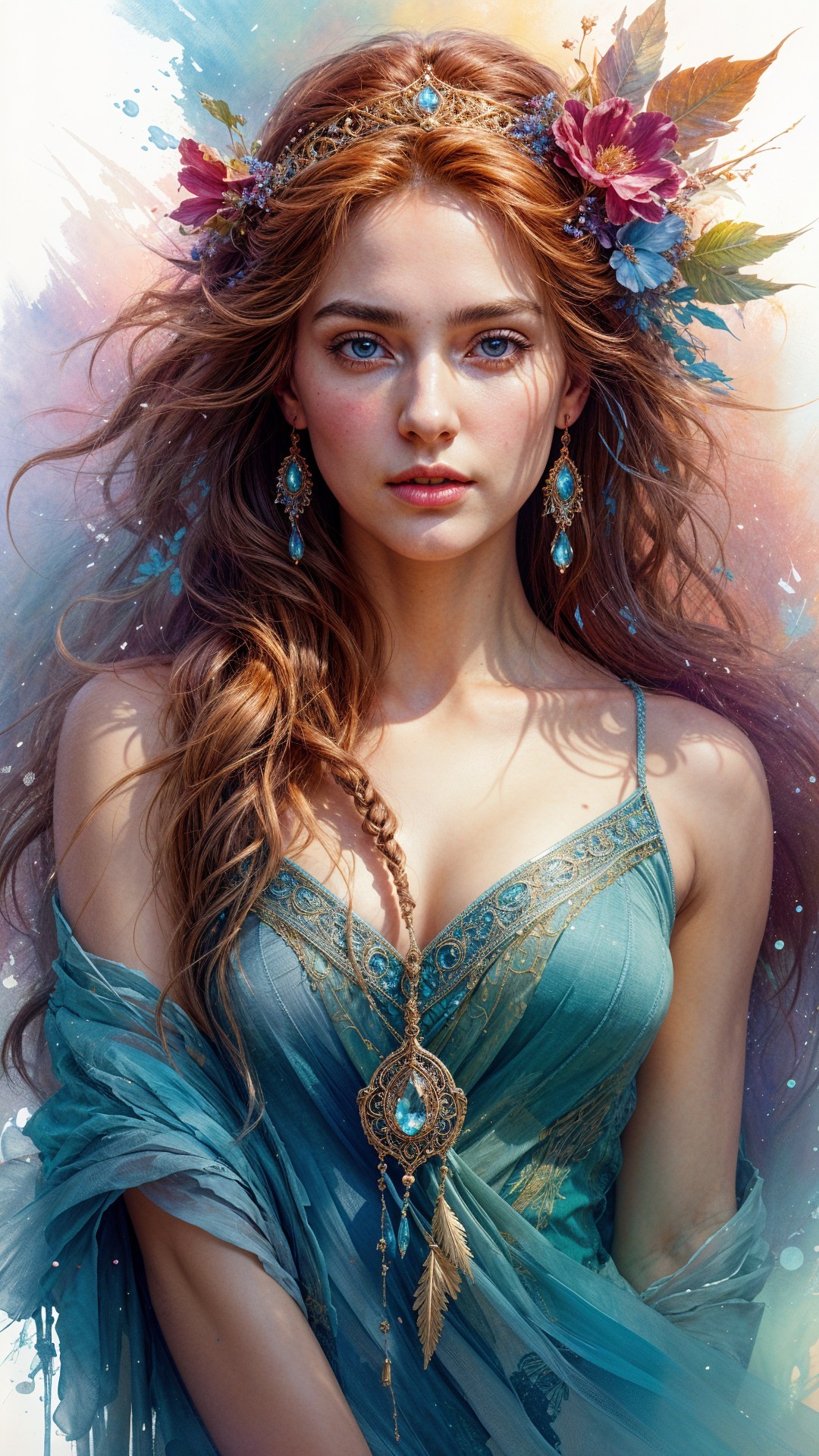 Ethereal Young Woman in Embroidered Blue Dress