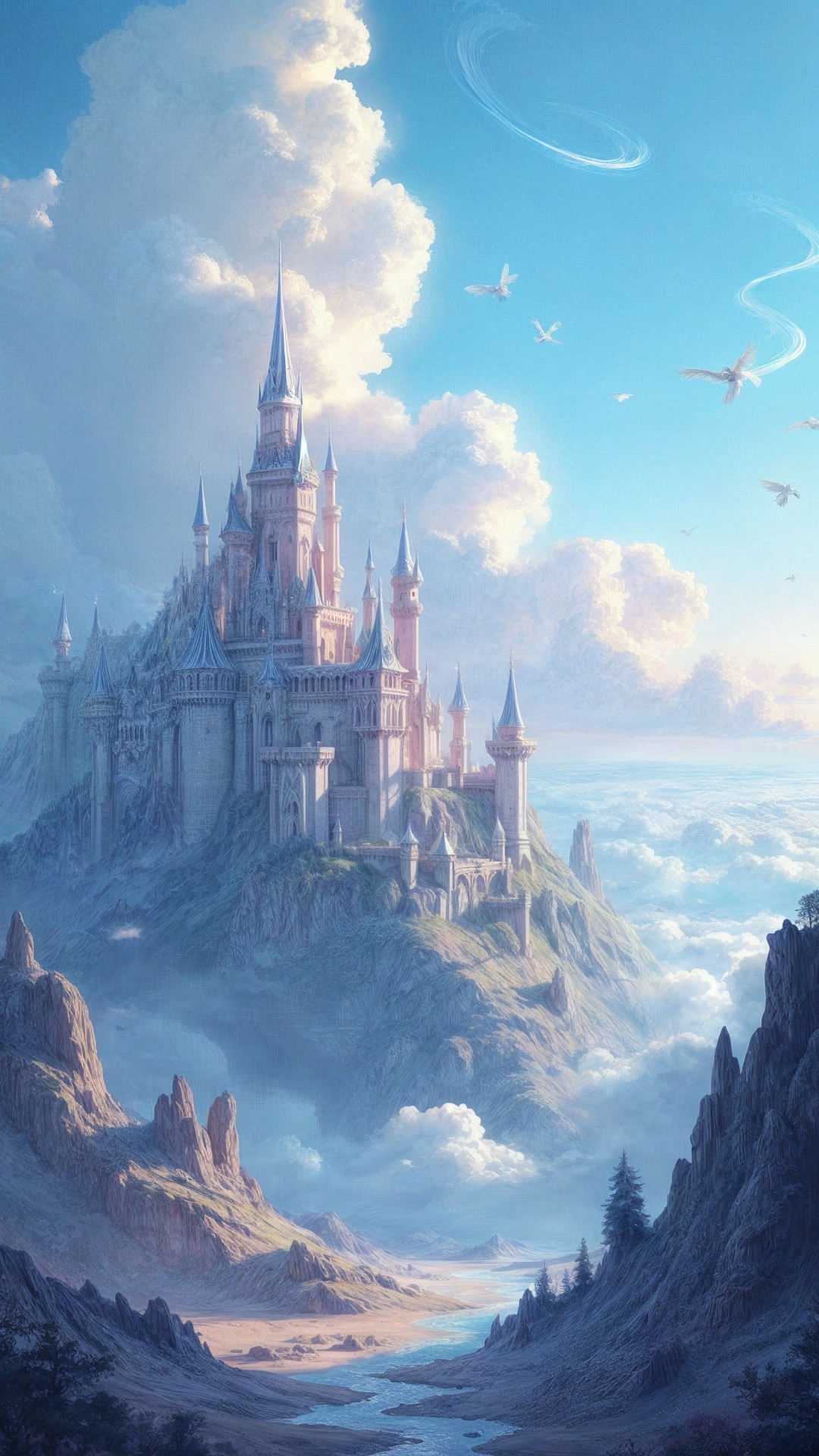 Majestic castle on a rocky hill with serene sky