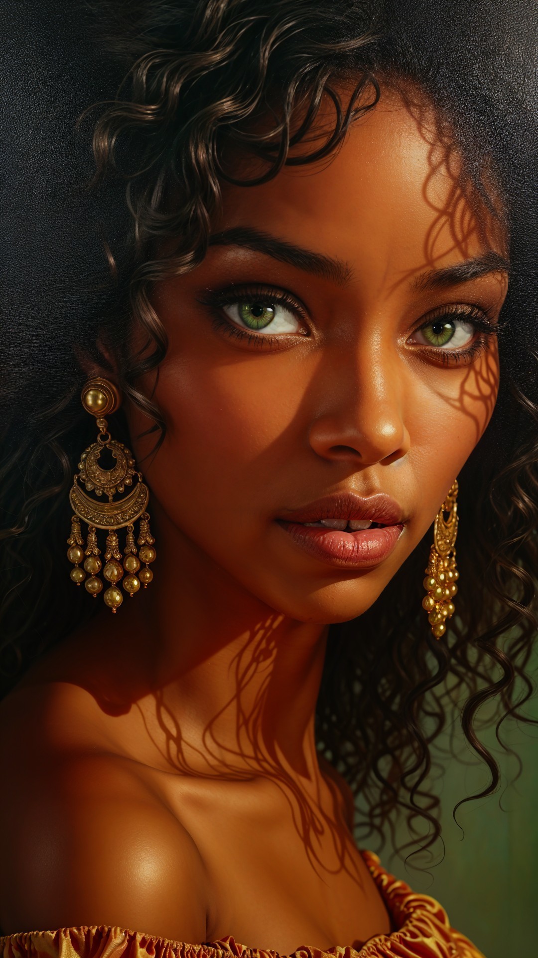 Portrait of a Young Woman with Green Eyes and Curly Hair