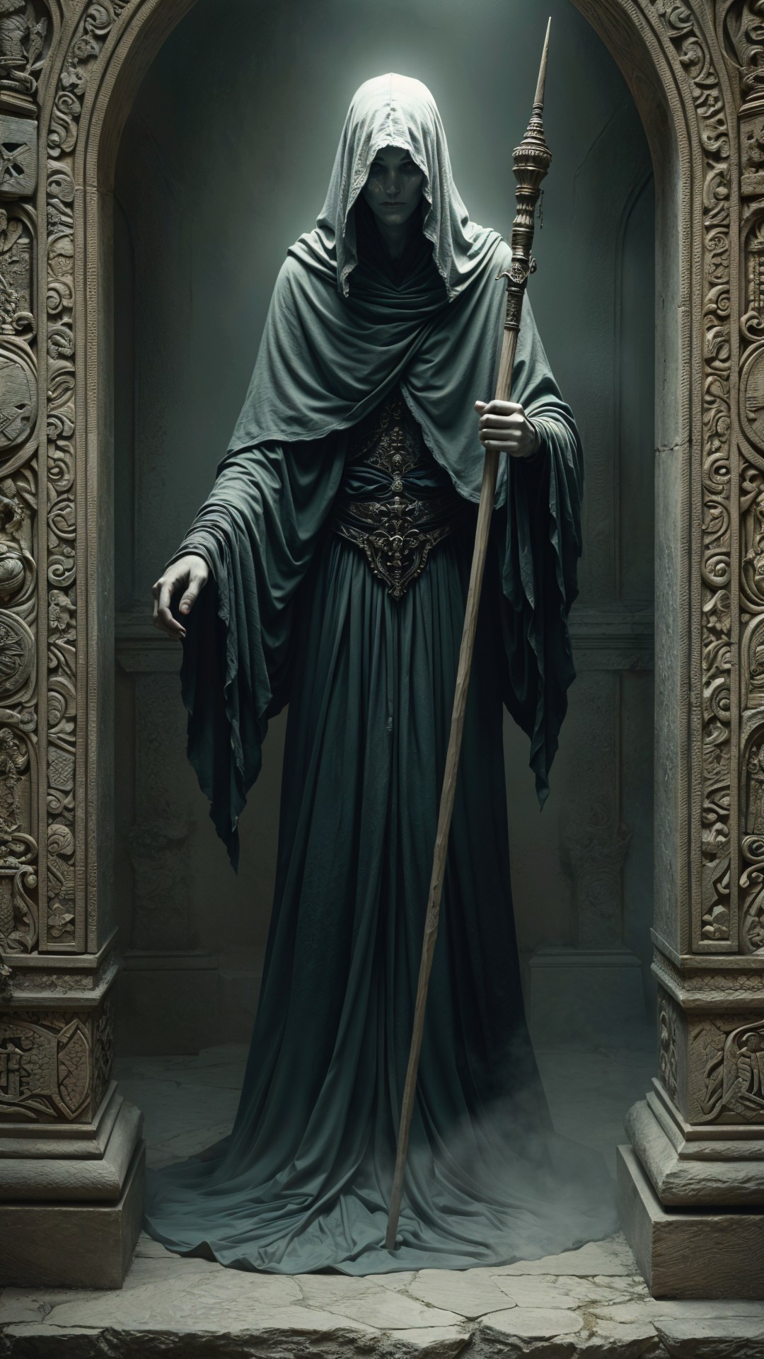 Mysterious Figure in Dark Robe with Spear in Archway