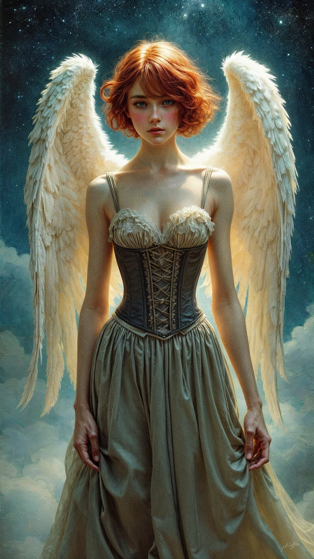 Celestial Figure with Ethereal Wings in Starry Scene