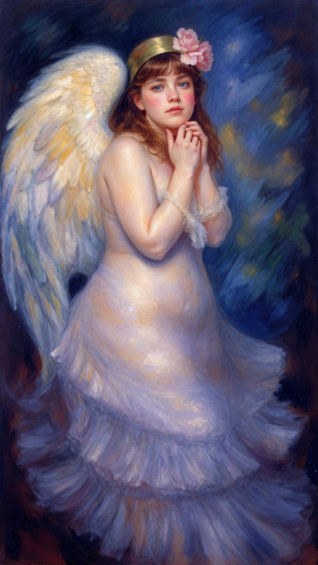 Young girl with wings in a flowing white dress