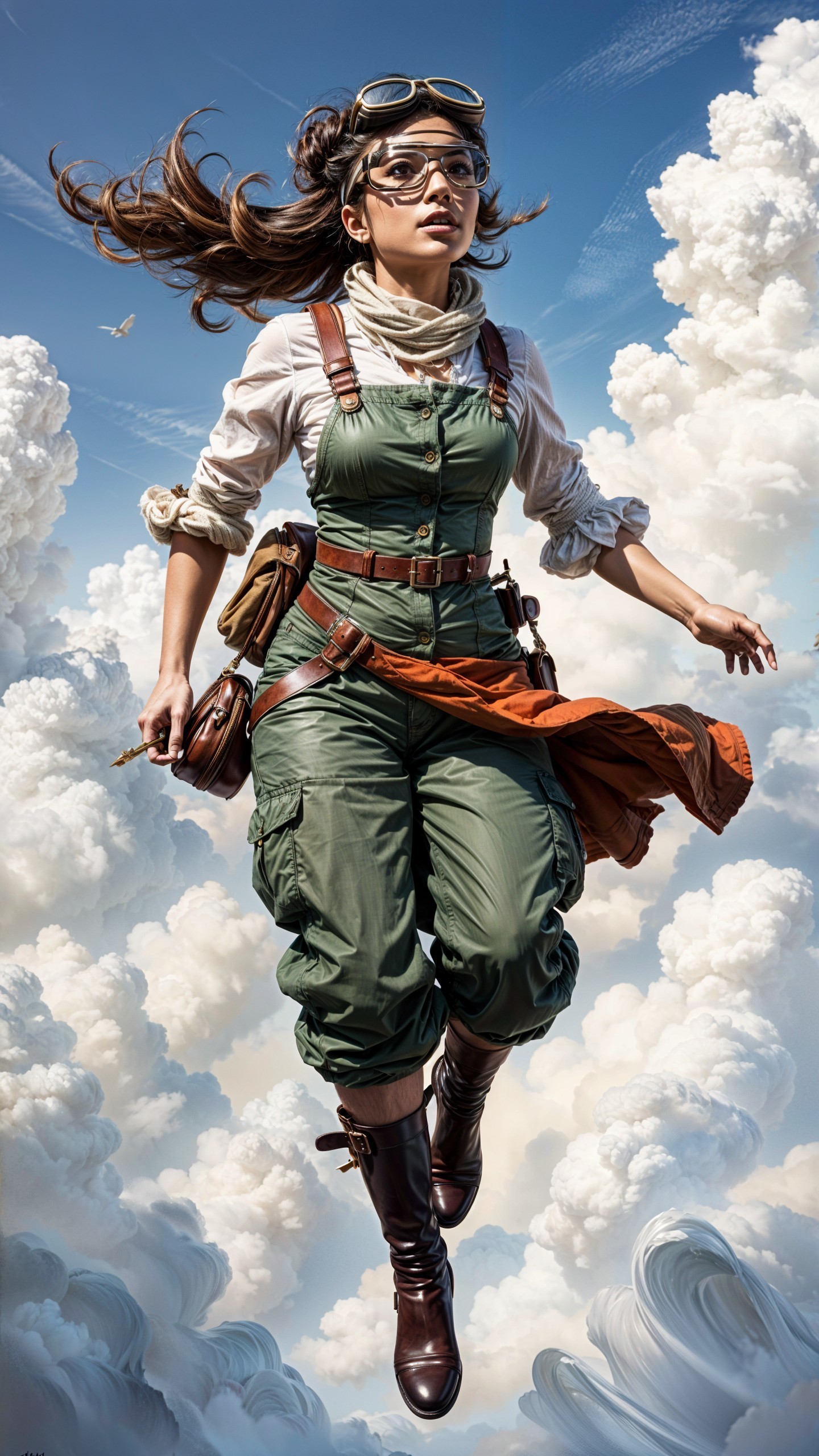 Young woman in green jumpsuit floating above clouds