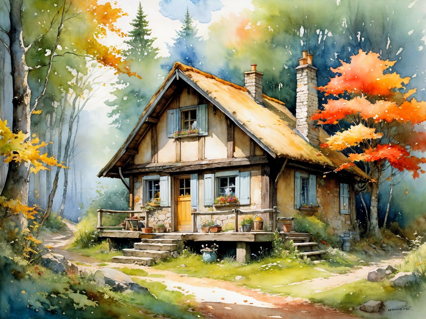 Charming Cottage in a Serene Forest with Autumn Foliage