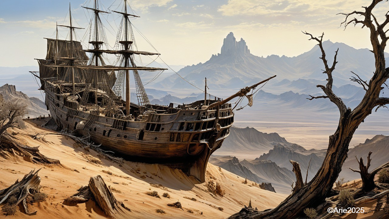 Shipwreck on Desert Sands with Mountains and Dead Trees