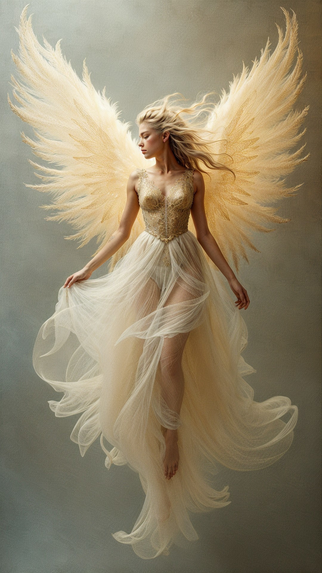 Serene figure with golden wings in a dreamy setting