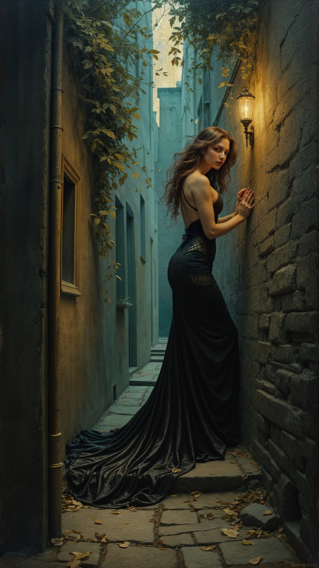 Woman in Black Gown in Dimly Lit Alleyway