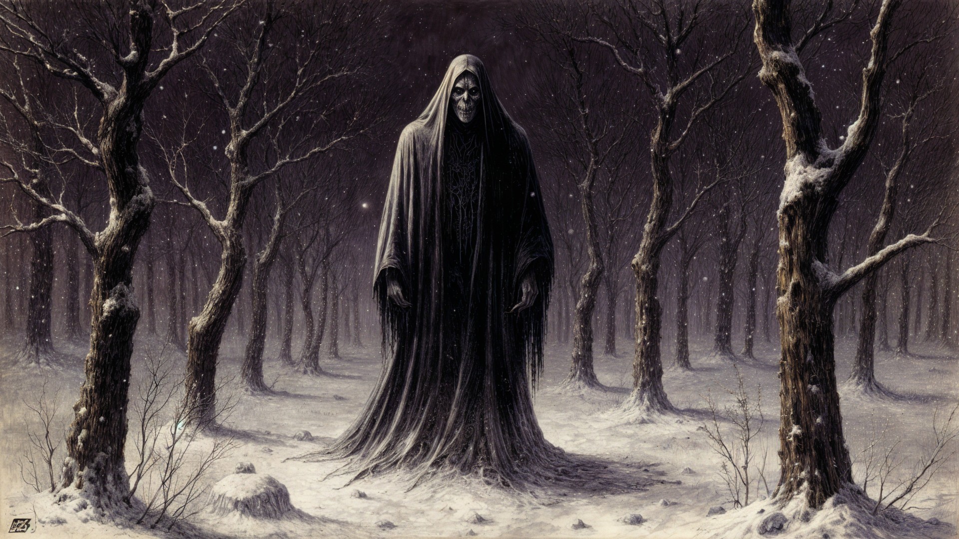 Ominous Figure in a Wintry, Desolate Forest