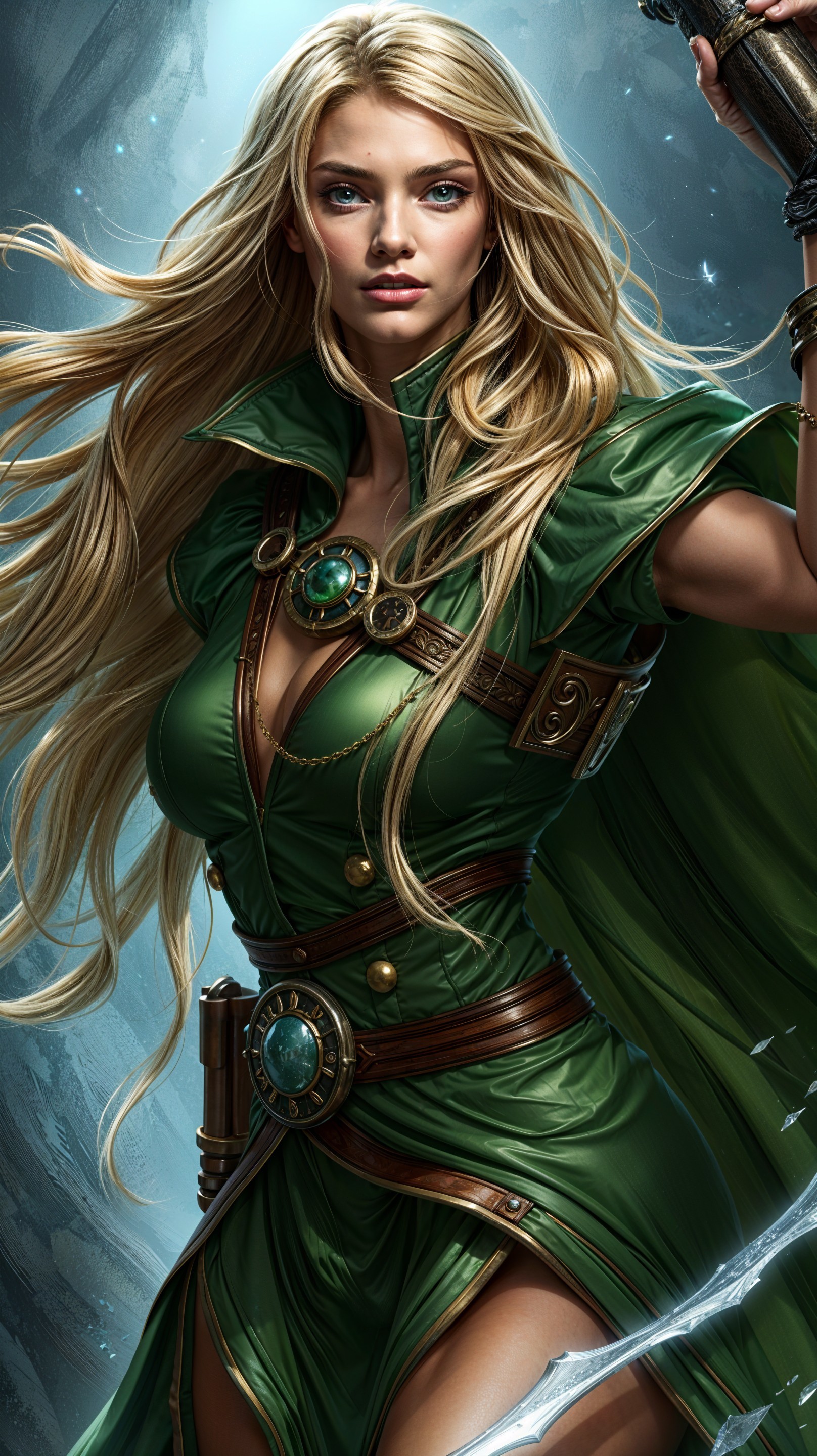 Ethereal figure in green dress with sword and gem