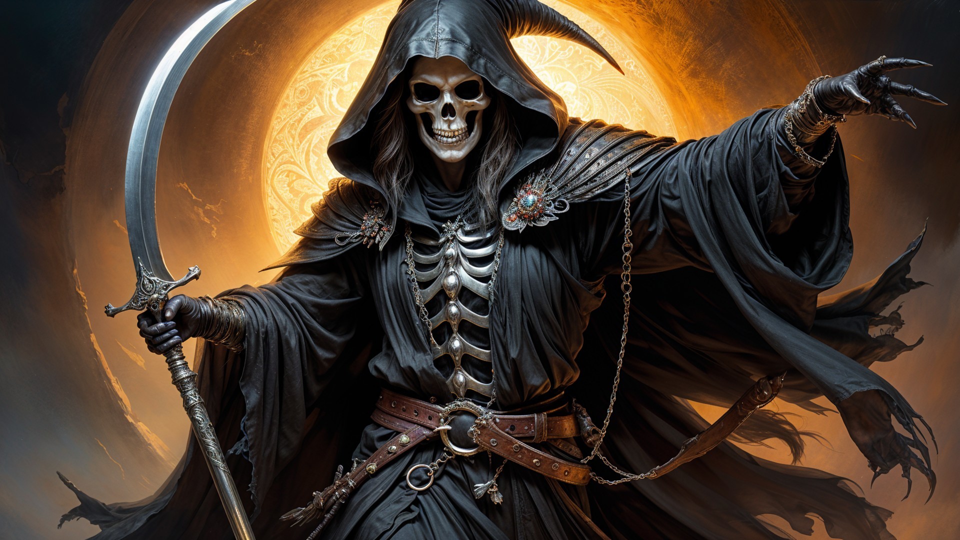 Menacing figure in dark robes with scythe and skull face