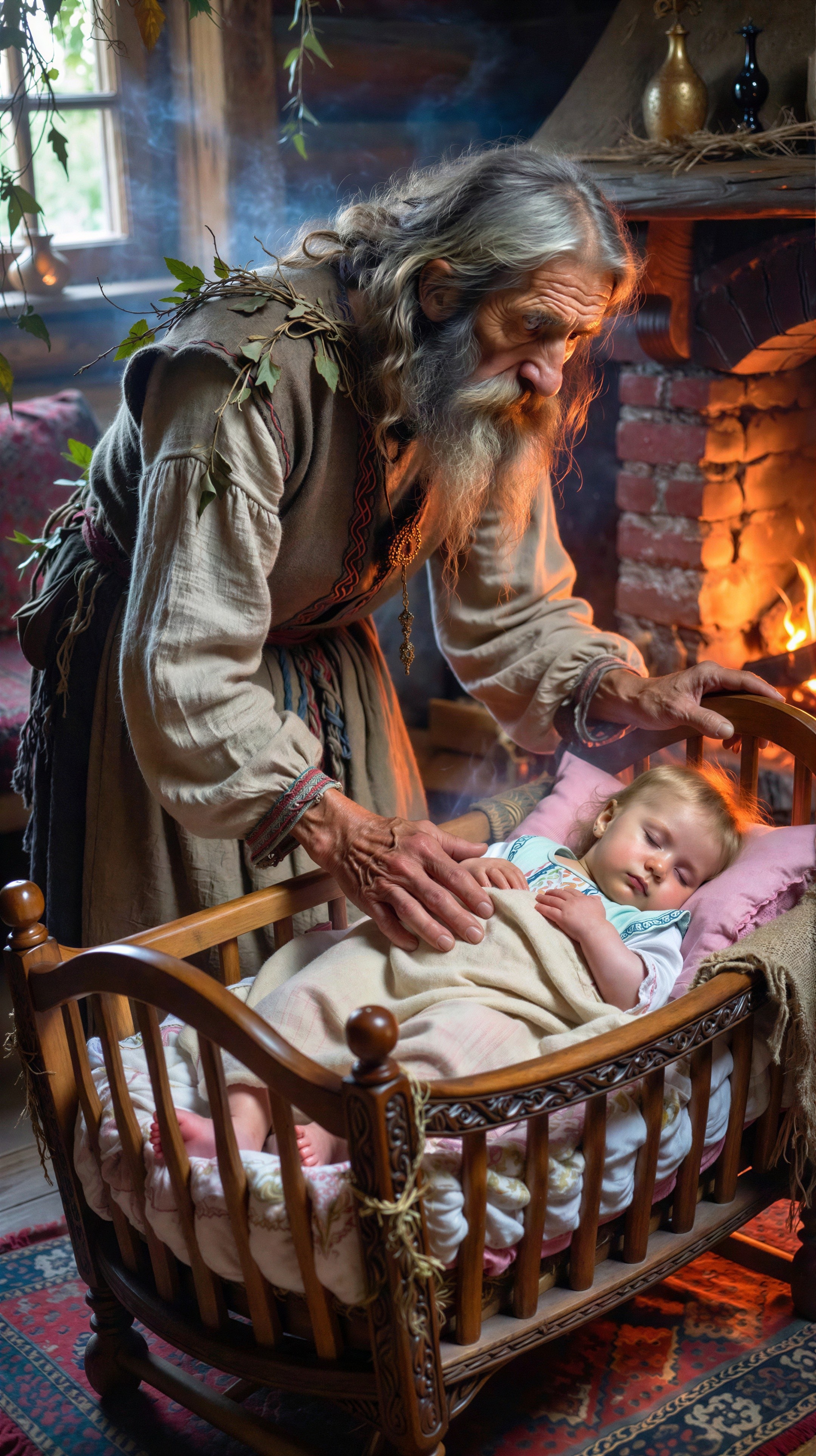 Old Man with Baby in Crib by Fireplace Light