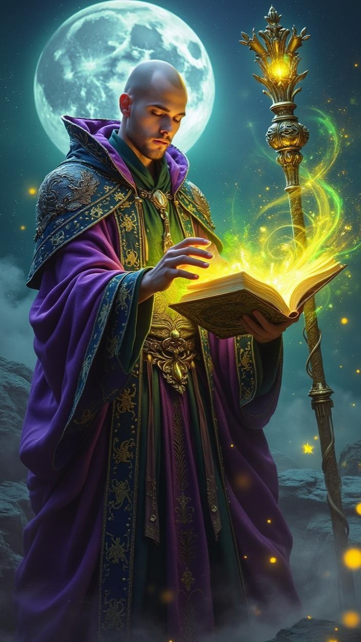 Cloaked wizard with glowing book under luminous moon