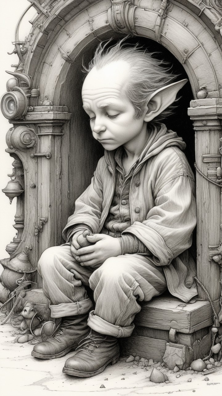 Whimsical Goblin Character in Steampunk Setting
