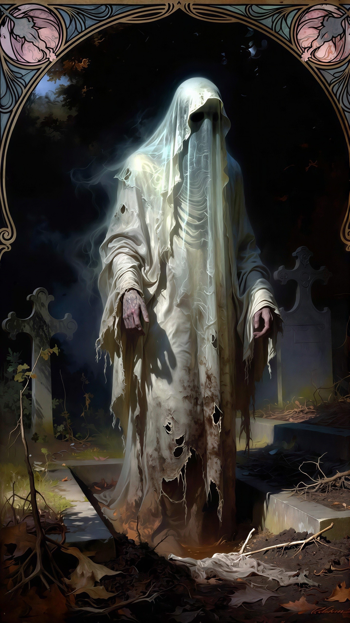 Spectral Figure in Dimly Lit Graveyard Setting