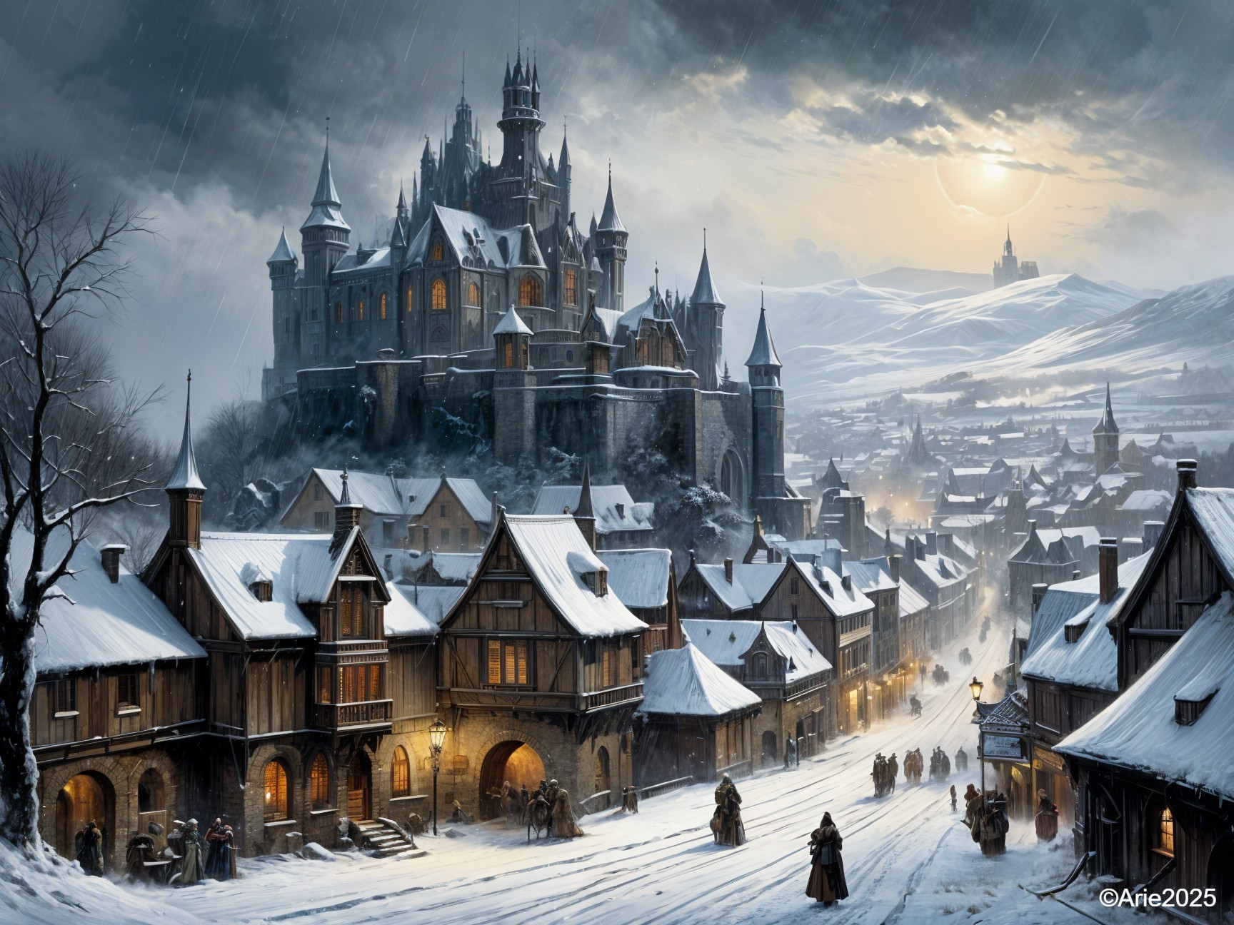Medieval Town with Snowy Streets and Grand Castle