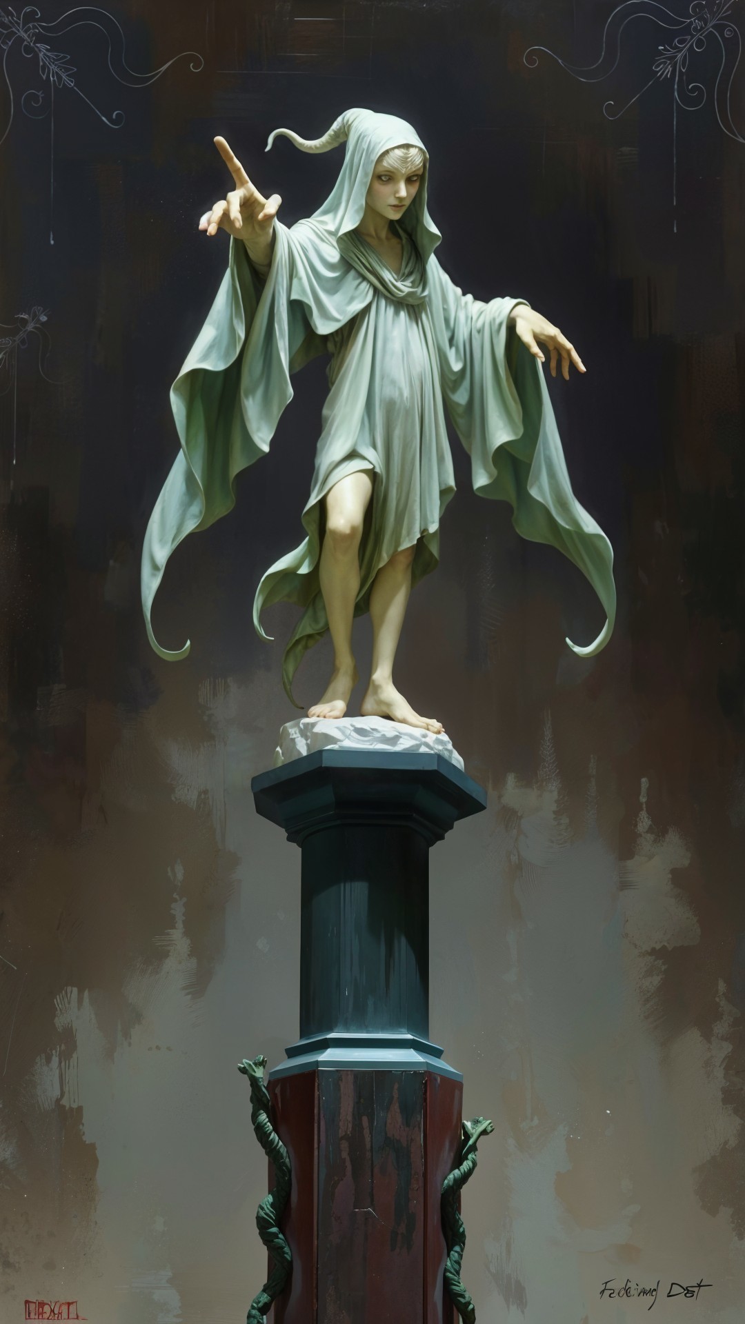 Ghostly Figure on Pedestal with Ethereal Aura