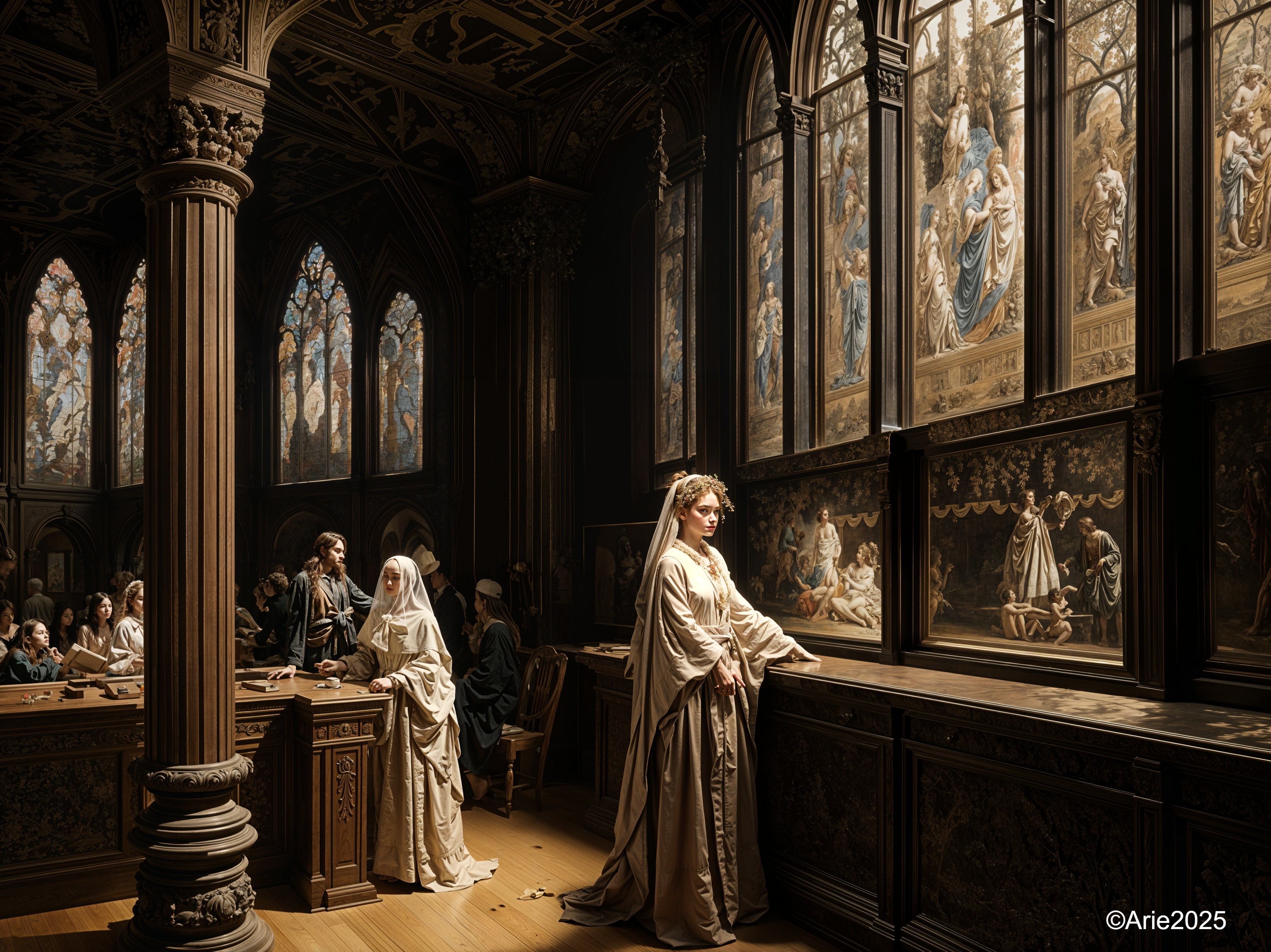 Grand Dimly Lit Room with Stained Glass and Attire