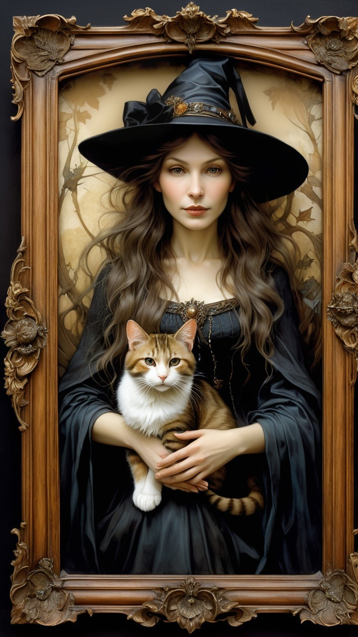 Mysterious Woman in Black Gown with Cat and Floral Frame