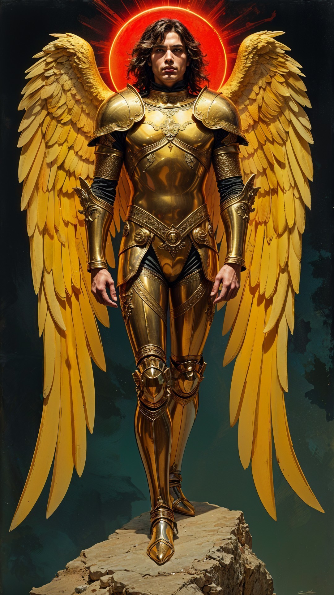Majestic figure in golden armor with radiant wings