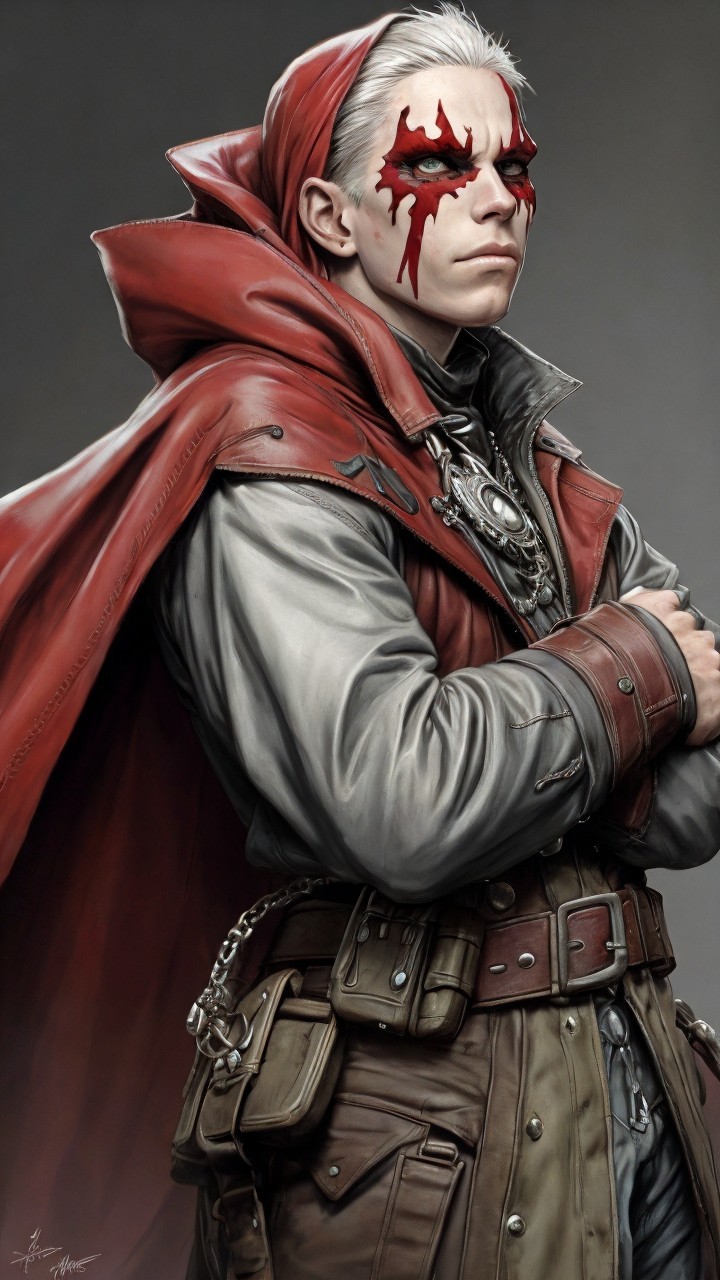 Character with White Hair and Red Face Paint Details