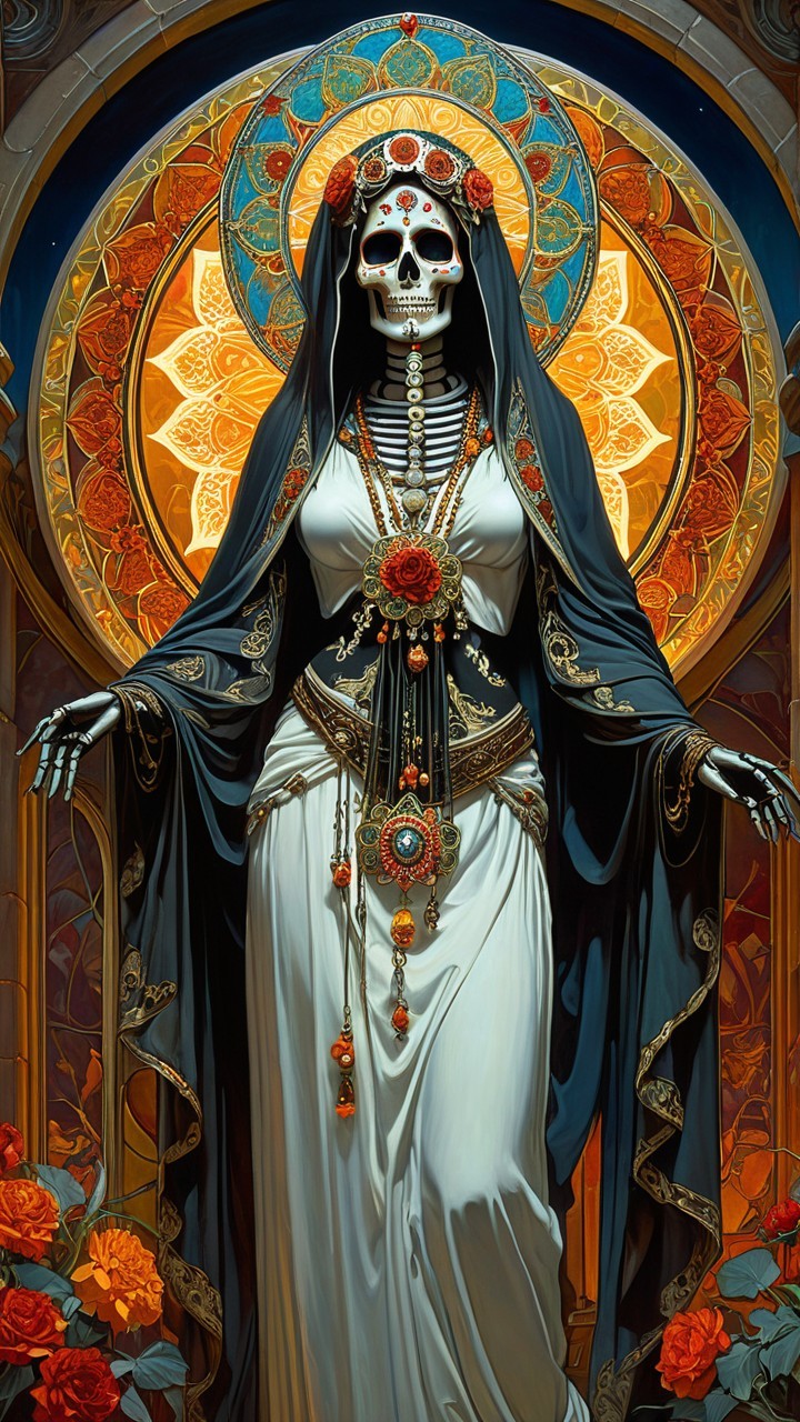 Skeleton in Elegant White Dress with Floral Details