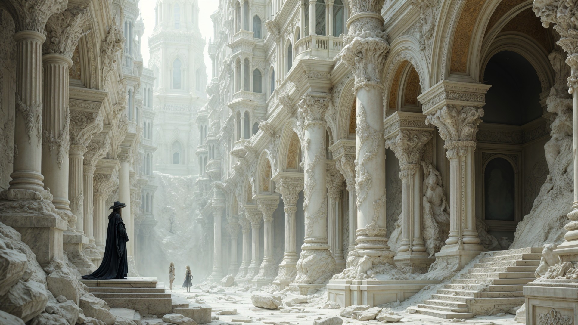 Ornate Ruins in an Ethereal Landscape with Cloaked Figure