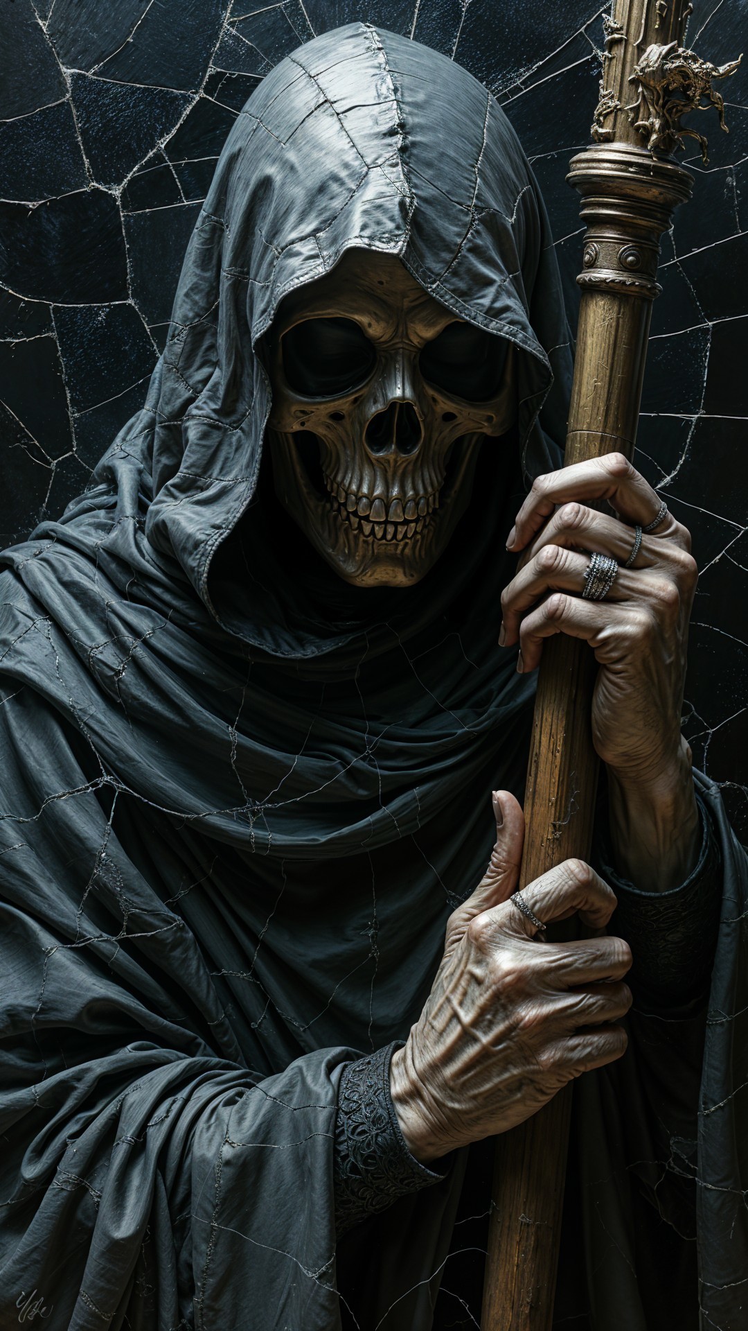 Skeletal Figure in Dark Robes with Staff and Skull Face