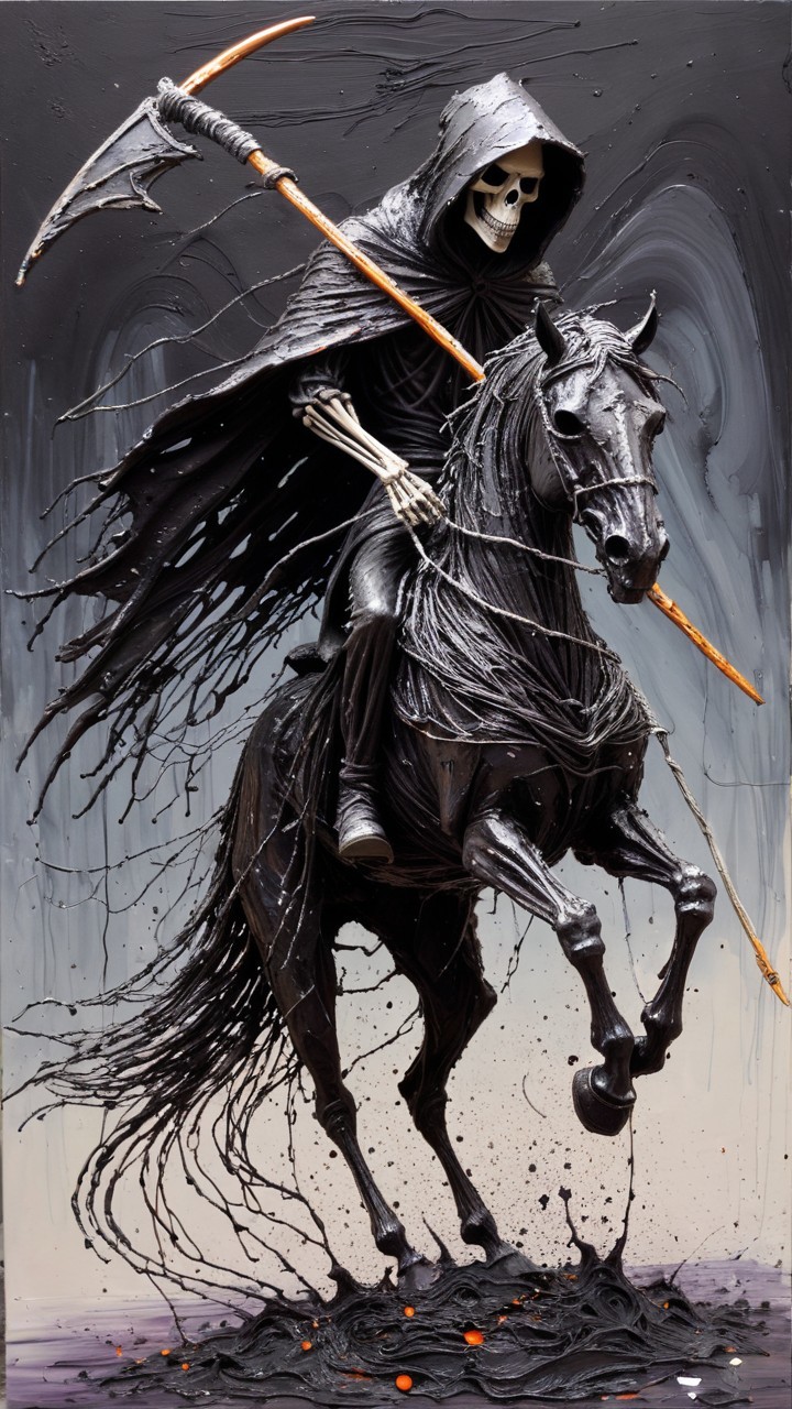Skeletal Figure on Black Horse in Dramatic Artwork