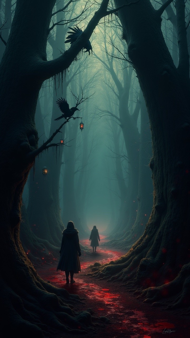 Mystical forest with eerie lanterns and glowing moss