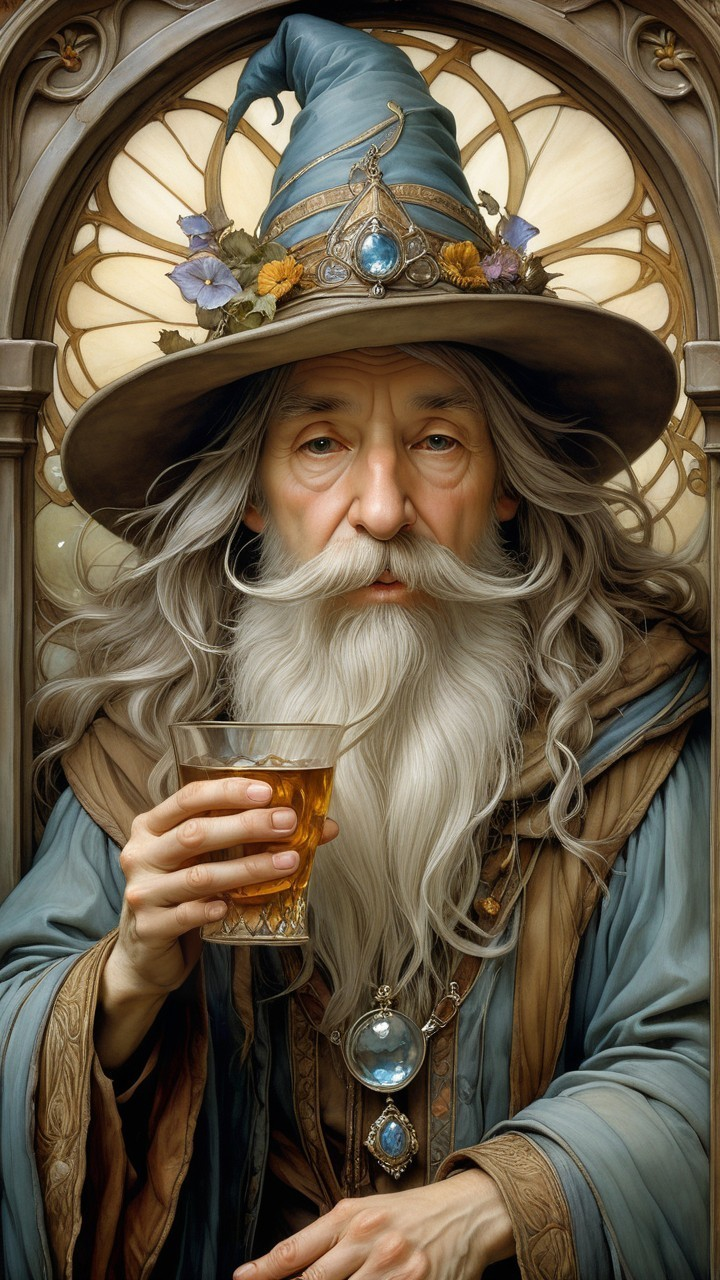 Wise Wizard in Ornate Archway with Golden Drink