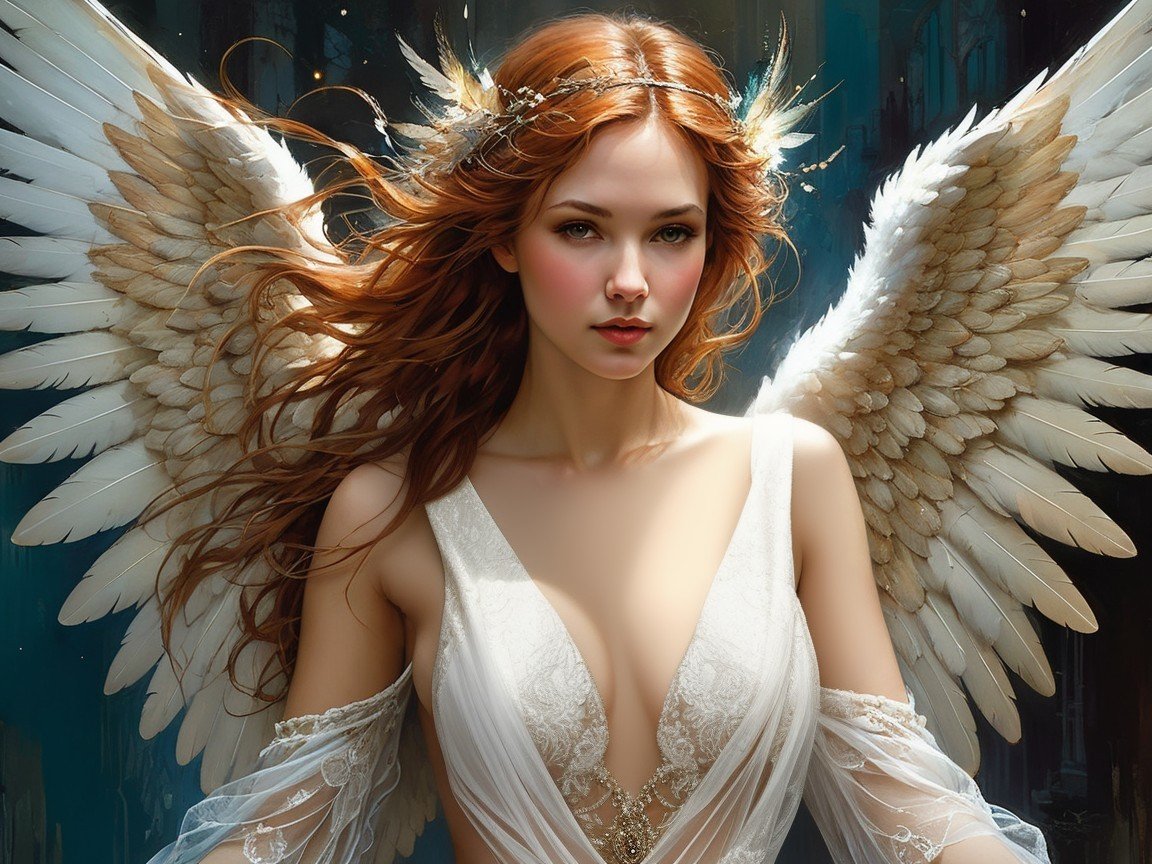 Angelic Figure with Shimmering Wings and White Gown