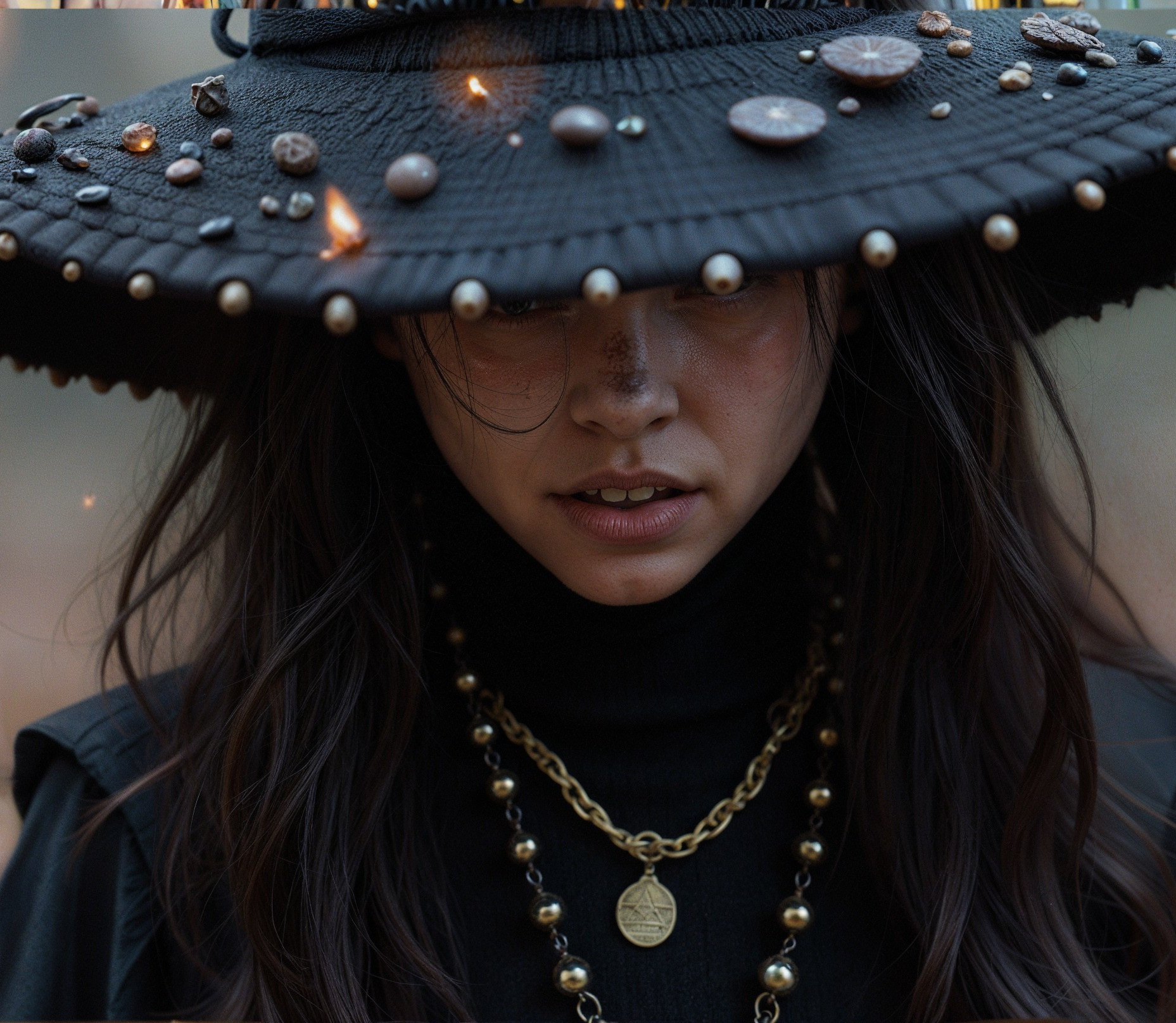 Mysterious Figure in Decorative Hat and Dark Attire