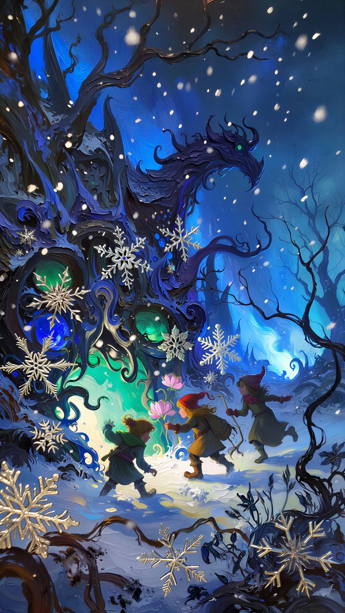 Children in a snowy forest with a glowing dragon tree