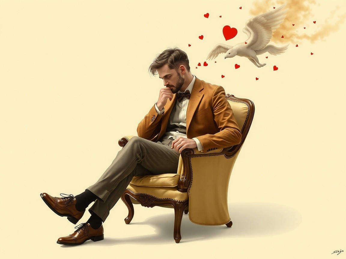 Contemplative man in vintage armchair with dove above