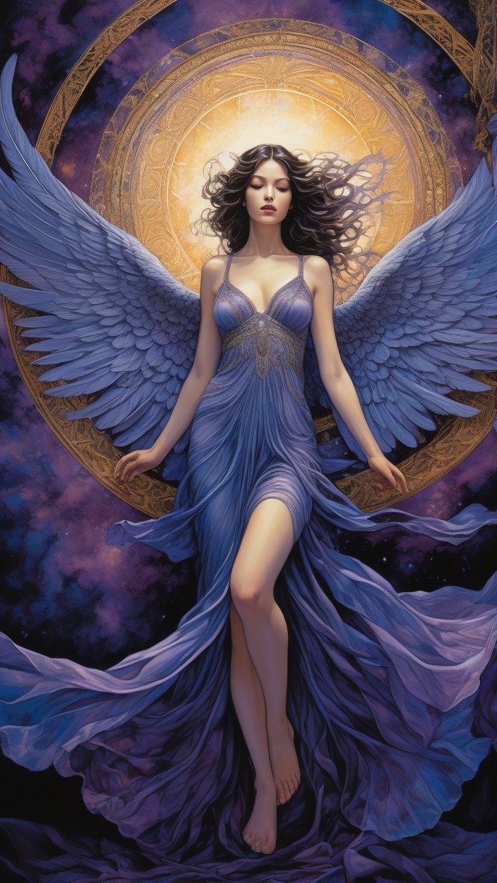 Majestic figure with wings in cosmic backdrop