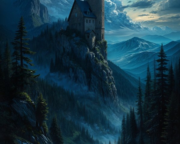 Castle on Cliff Under Moonlight with Scenic River