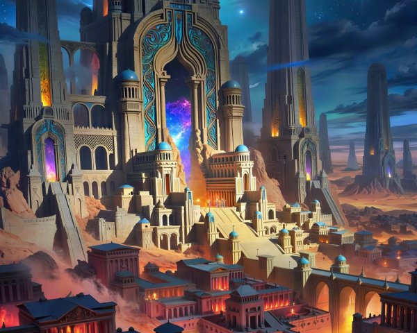 Desert City with Spires and Energy Portals at Night