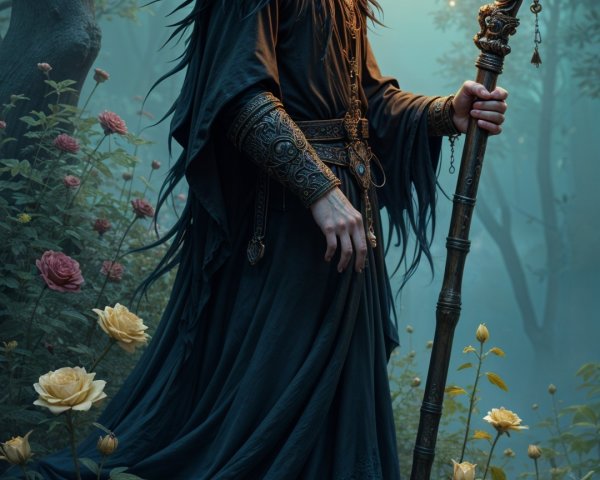 Cloaked Figure in Mystical Forest with Roses and Staff