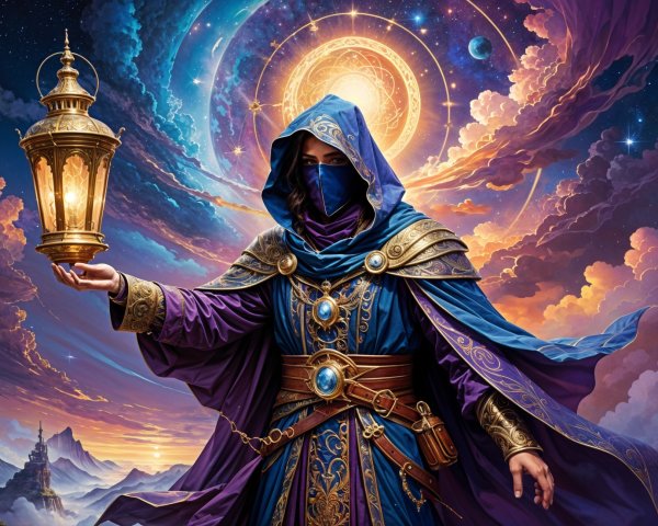 Cloaked Figure with Lantern in Cosmic Landscape