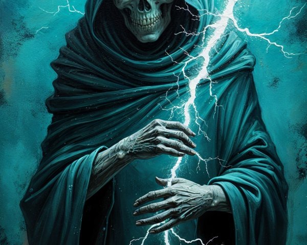 Sinister Figure in Blue Robes with Skull Face and Lightning